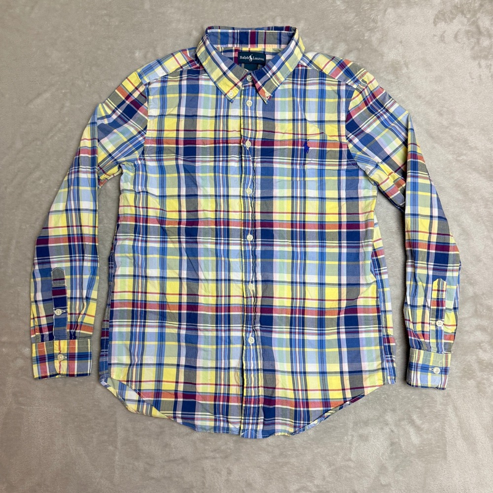 Ralph Lauren Button Down Shirt Youth Large 14-16 Plaid Multicolor Preppy Madras